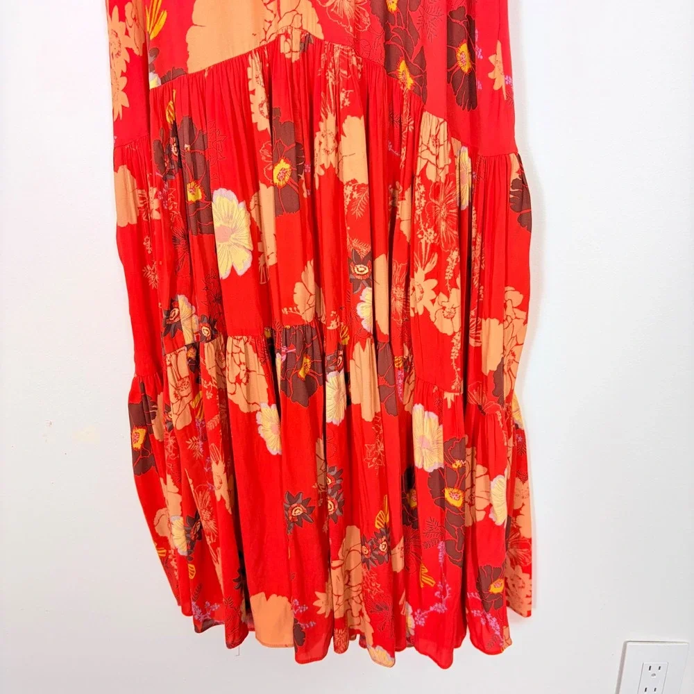 Free People Sure Thing Floral Maxi Dress Red Orange Boho Tiered OB1136382 Size 4